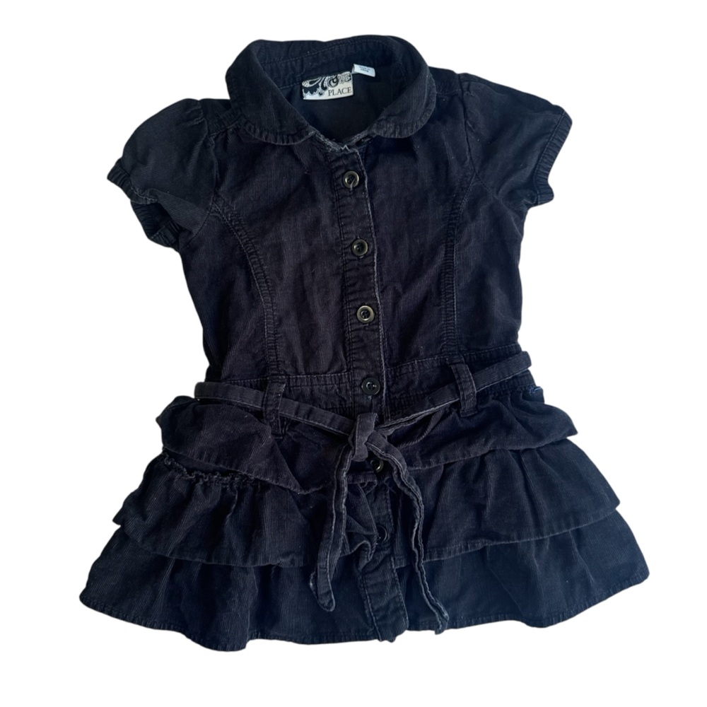 CHILDREN'S PLACE Black Short Sleeve CORDUROY Dress Button Front Ruffled Size 24m